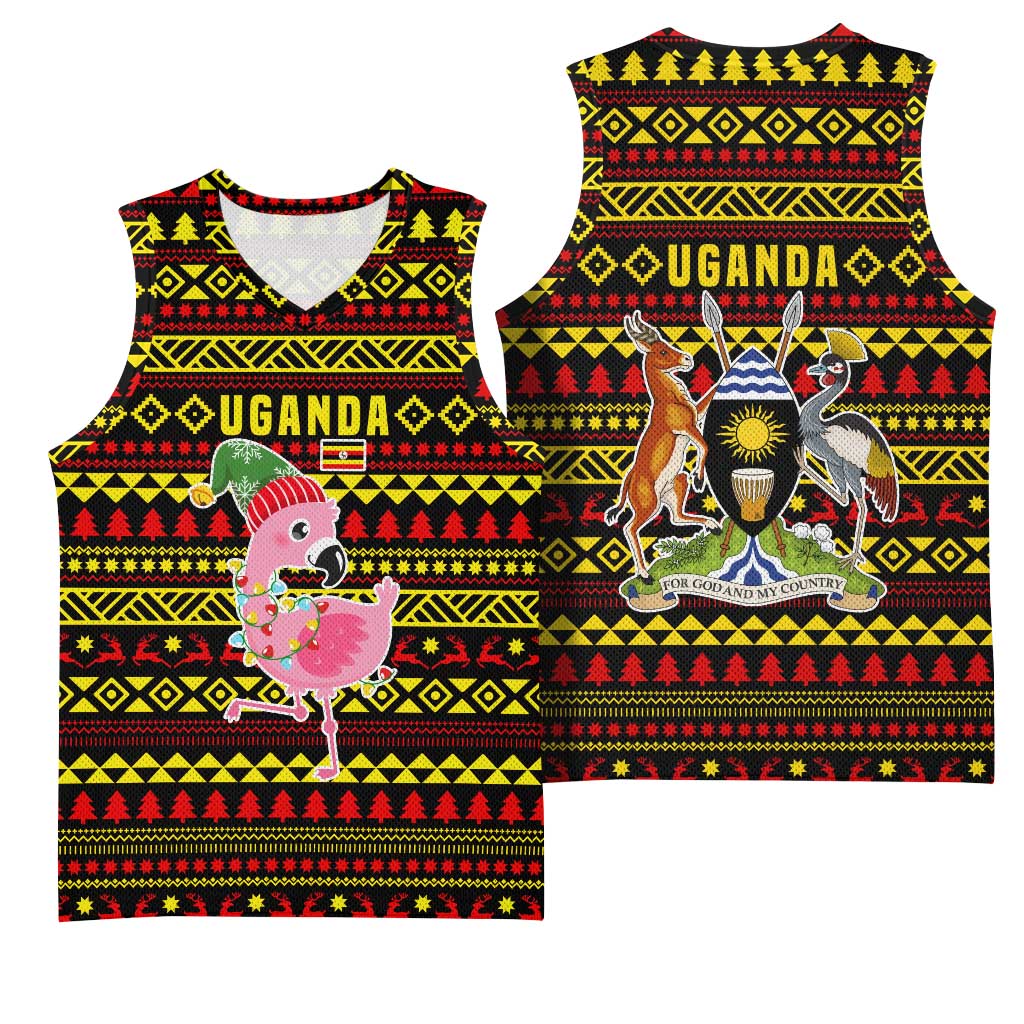 Uganda Christmas Basketball Jersey with Flamingo Lights Uganda Flag and Black Red Yellow Tribal Pattern Design - Wonder Print Shop