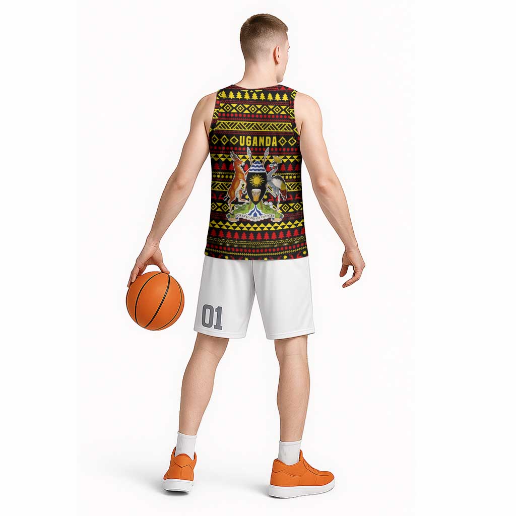 Uganda Christmas Basketball Jersey with Flamingo Lights Uganda Flag and Black Red Yellow Tribal Pattern Design - Wonder Print Shop