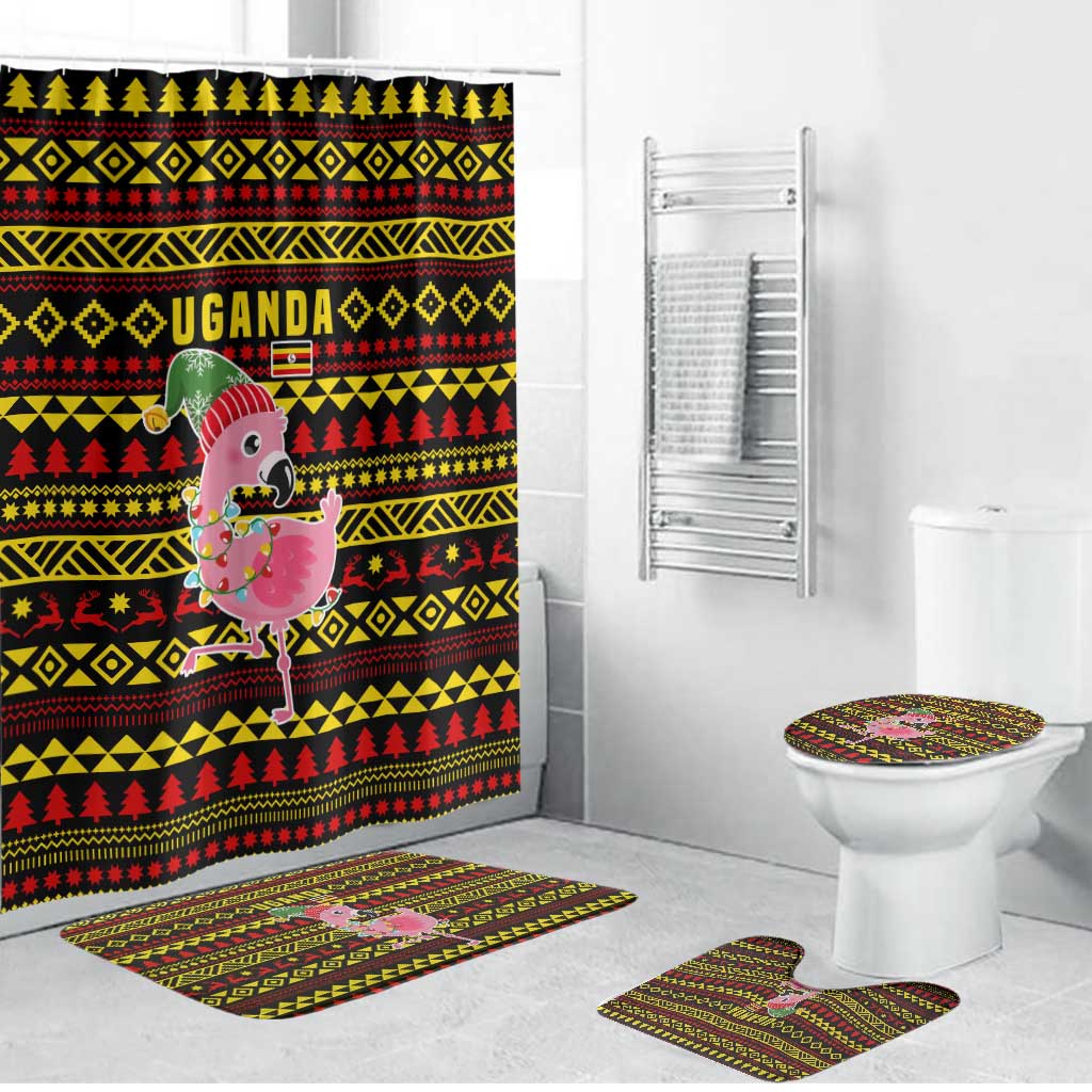 Uganda Christmas Bathroom Set with Flamingo Lights Uganda Flag and Black Red Yellow Tribal Pattern Design - Wonder Print Shop