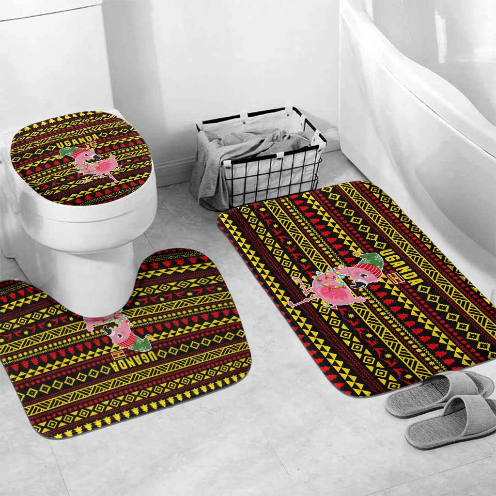 Uganda Christmas Bathroom Set with Flamingo Lights Uganda Flag and Black Red Yellow Tribal Pattern Design - Wonder Print Shop