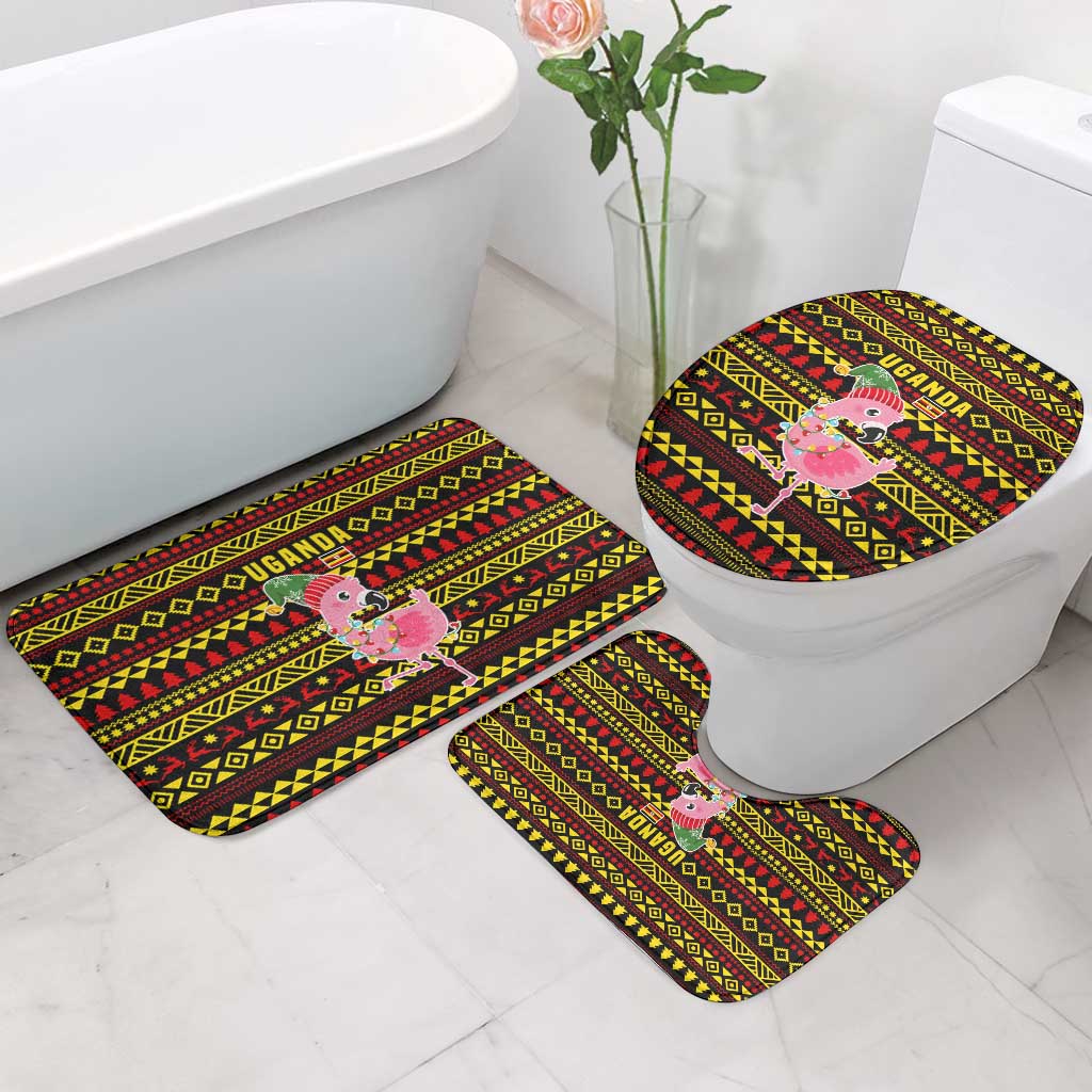 Uganda Christmas Bathroom Set with Flamingo Lights Uganda Flag and Black Red Yellow Tribal Pattern Design - Wonder Print Shop