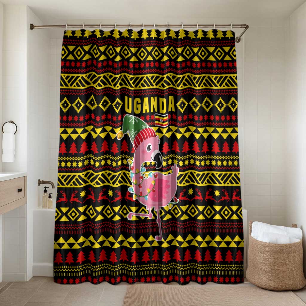 Uganda Christmas Bathroom Set with Flamingo Lights Uganda Flag and Black Red Yellow Tribal Pattern Design - Wonder Print Shop