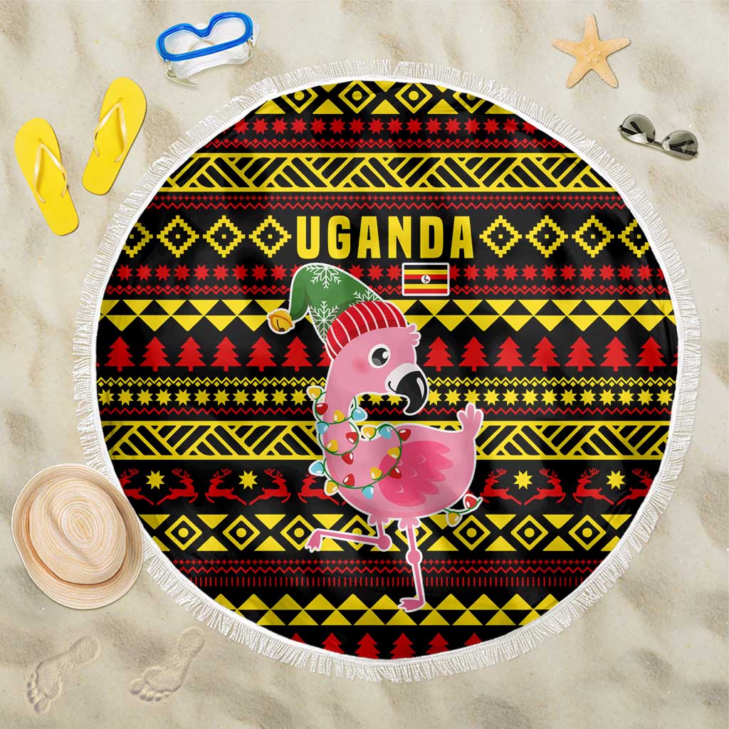 Uganda Christmas Beach Blanket with Flamingo Lights Uganda Flag and Black Red Yellow Tribal Pattern Design - Wonder Print Shop