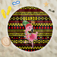 Uganda Christmas Beach Blanket with Flamingo Lights Uganda Flag and Black Red Yellow Tribal Pattern Design - Wonder Print Shop