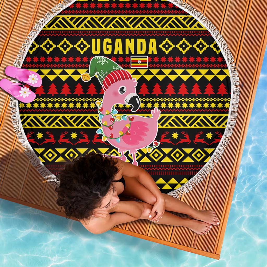 Uganda Christmas Beach Blanket with Flamingo Lights Uganda Flag and Black Red Yellow Tribal Pattern Design - Wonder Print Shop