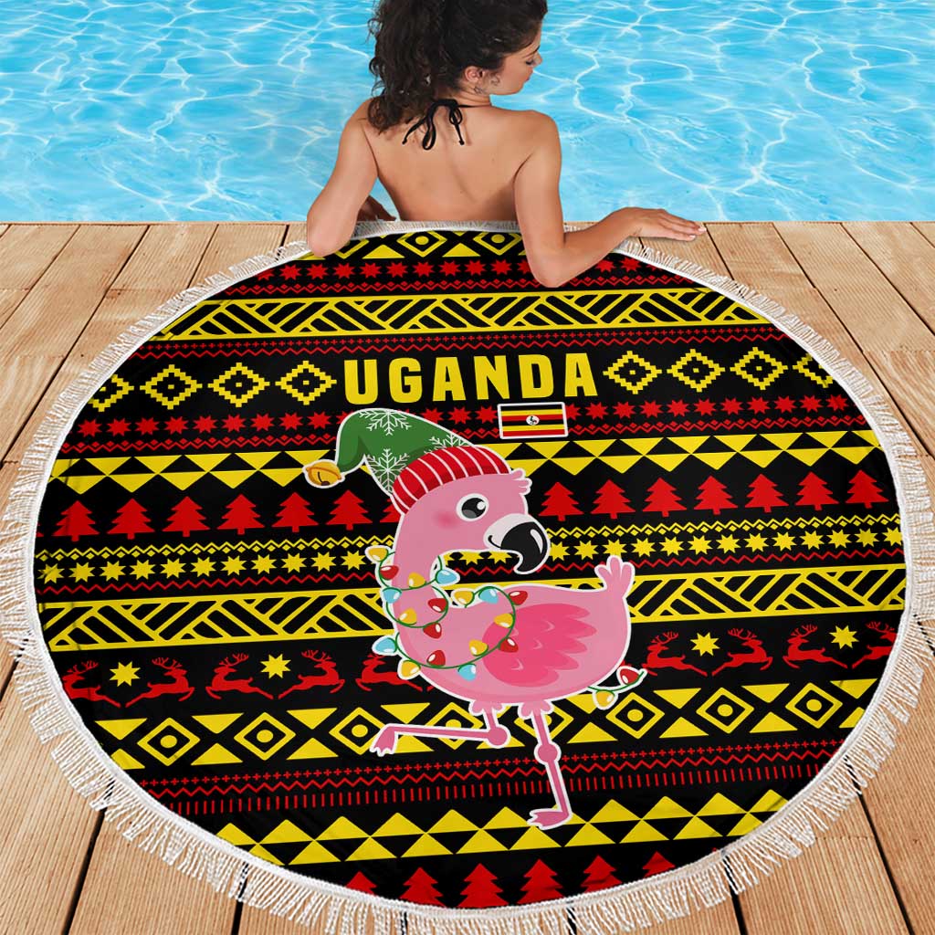 Uganda Christmas Beach Blanket with Flamingo Lights Uganda Flag and Black Red Yellow Tribal Pattern Design - Wonder Print Shop