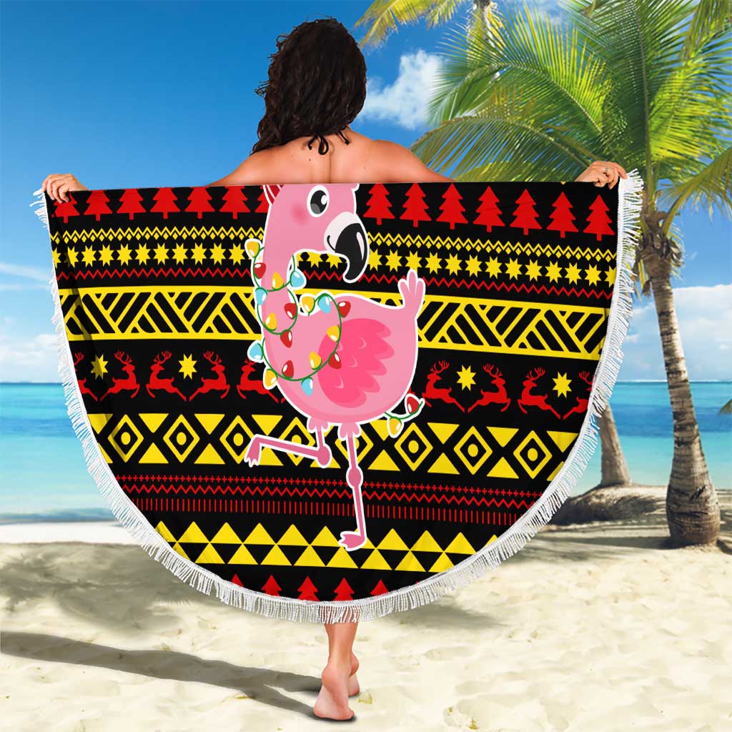 Uganda Christmas Beach Blanket with Flamingo Lights Uganda Flag and Black Red Yellow Tribal Pattern Design - Wonder Print Shop