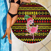 Uganda Christmas Beach Blanket with Flamingo Lights Uganda Flag and Black Red Yellow Tribal Pattern Design - Wonder Print Shop