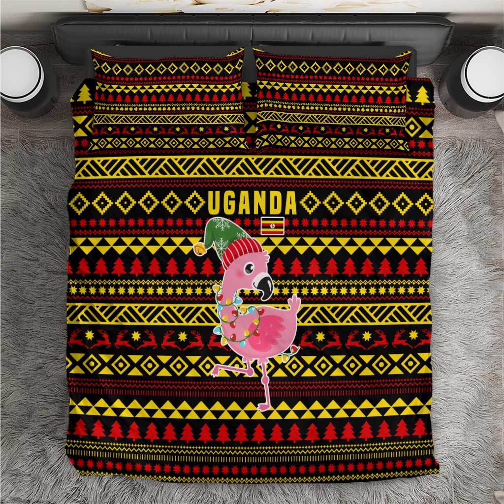Uganda Christmas Bedding Set with Flamingo Lights Uganda Flag and Black Red Yellow Tribal Pattern Design - Wonder Print Shop