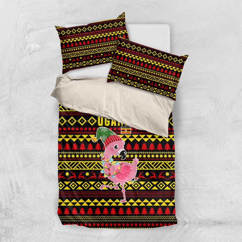 Uganda Christmas Bedding Set with Flamingo Lights Uganda Flag and Black Red Yellow Tribal Pattern Design - Wonder Print Shop