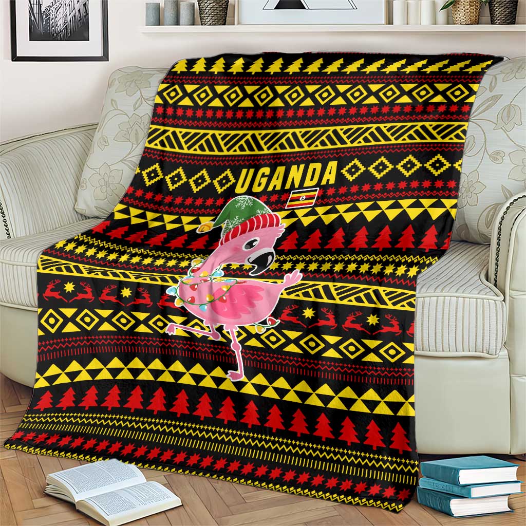 Uganda Christmas Blanket with Flamingo Lights Uganda Flag and Black Red Yellow Tribal Pattern Design - Wonder Print Shop