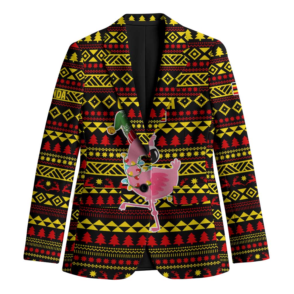 Uganda Christmas Blazer with Flamingo Lights Uganda Flag and Black Red Yellow Tribal Pattern Design - Wonder Print Shop