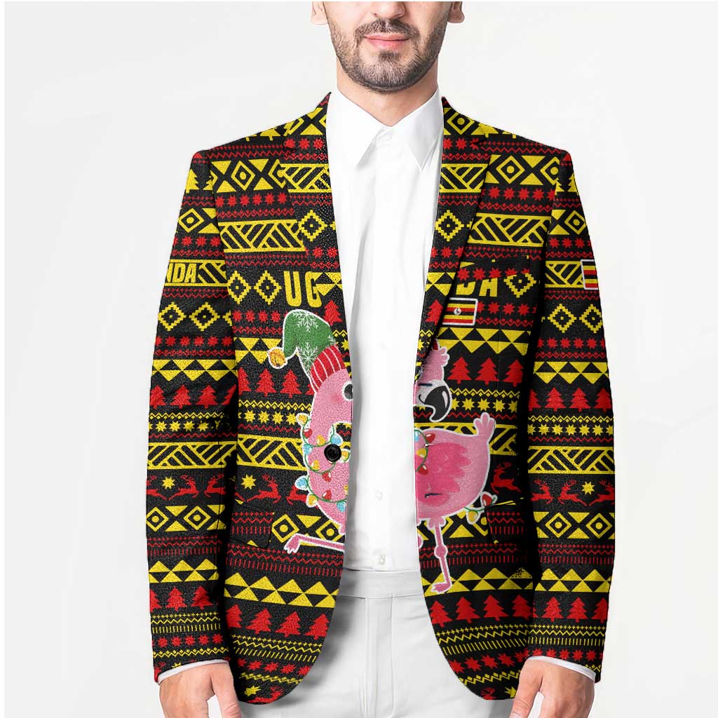 Uganda Christmas Blazer with Flamingo Lights Uganda Flag and Black Red Yellow Tribal Pattern Design - Wonder Print Shop