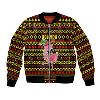 Uganda Christmas Bomber Jacket with Flamingo Lights Uganda Flag and Black Red Yellow Tribal Pattern Design - Wonder Print Shop