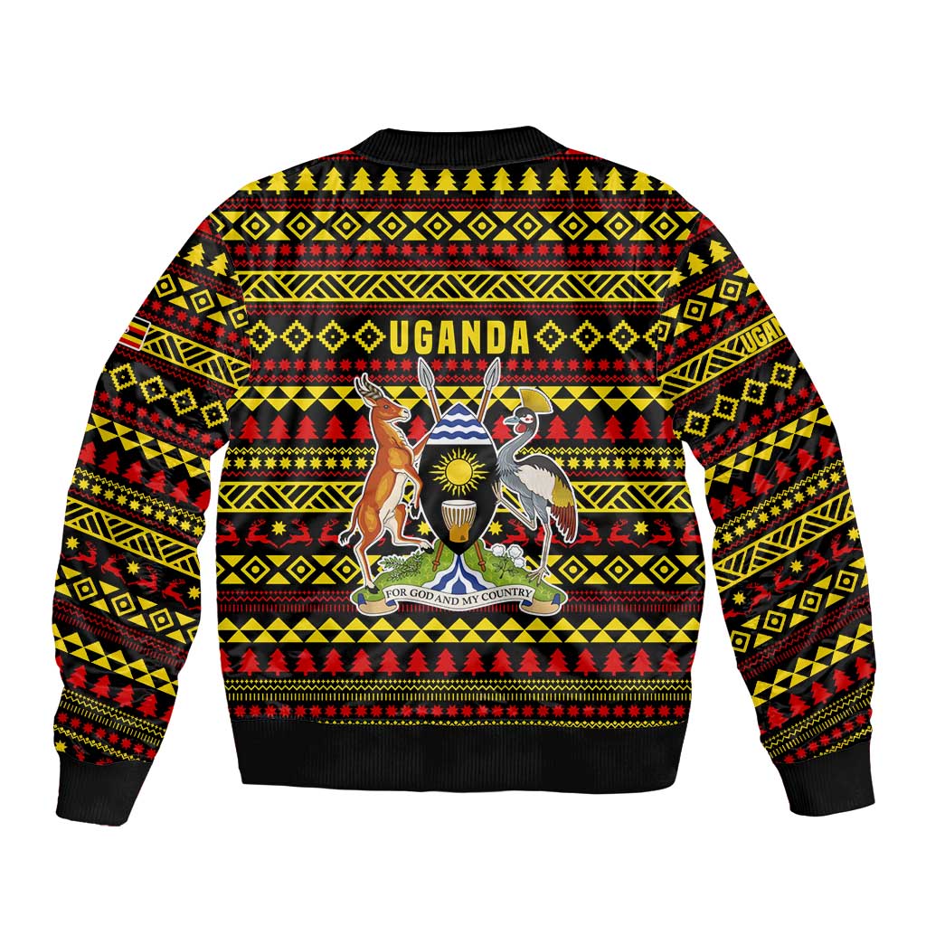 Uganda Christmas Bomber Jacket with Flamingo Lights Uganda Flag and Black Red Yellow Tribal Pattern Design - Wonder Print Shop
