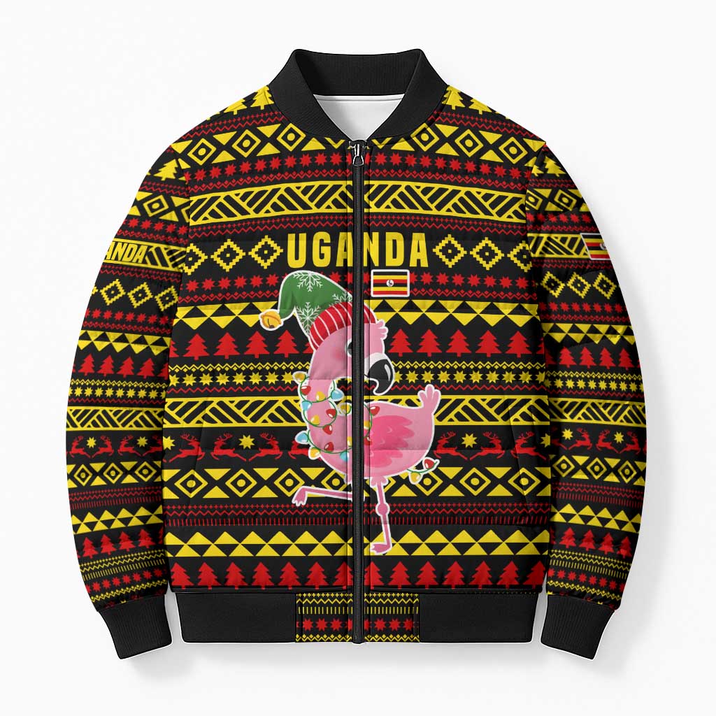 Uganda Christmas Bomber Puffer Jacket with Flamingo Lights Uganda Flag and Black Red Yellow Tribal Pattern Design - Wonder Print Shop