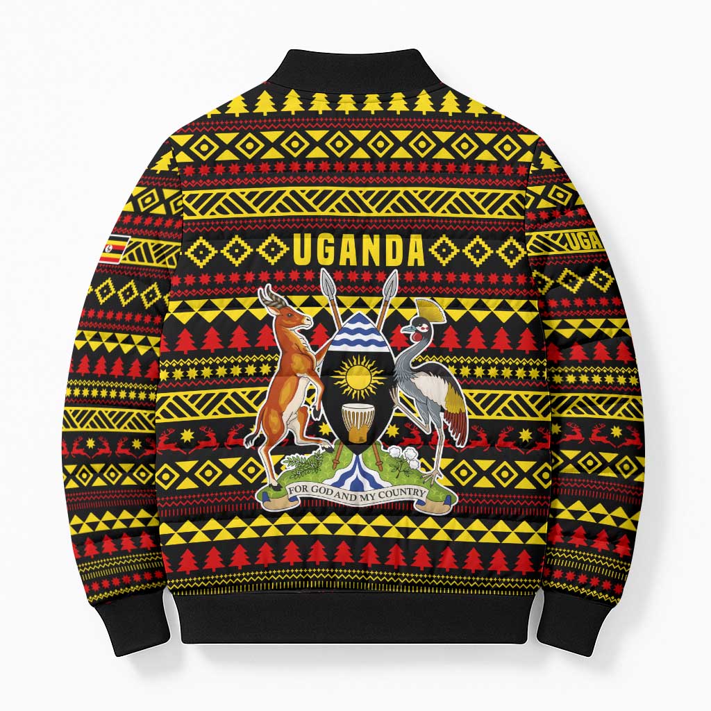 Uganda Christmas Bomber Puffer Jacket with Flamingo Lights Uganda Flag and Black Red Yellow Tribal Pattern Design - Wonder Print Shop