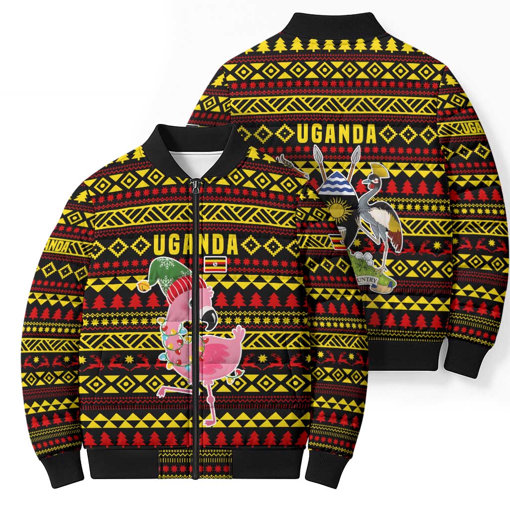 Uganda Christmas Bomber Puffer Jacket with Flamingo Lights Uganda Flag and Black Red Yellow Tribal Pattern Design - Wonder Print Shop