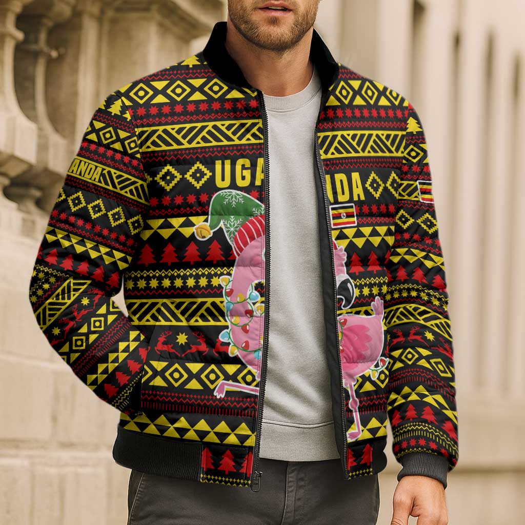 Uganda Christmas Bomber Puffer Jacket with Flamingo Lights Uganda Flag and Black Red Yellow Tribal Pattern Design - Wonder Print Shop