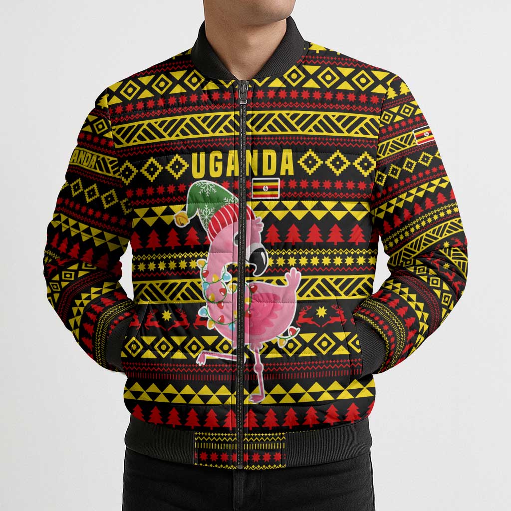 Uganda Christmas Bomber Puffer Jacket with Flamingo Lights Uganda Flag and Black Red Yellow Tribal Pattern Design - Wonder Print Shop