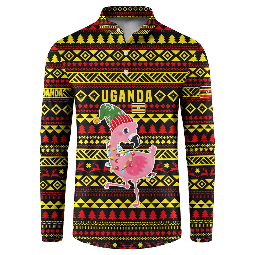 Uganda Christmas Button Sweatshirt with Flamingo Lights Uganda Flag and Black Red Yellow Tribal Pattern Design - Wonder Print Shop