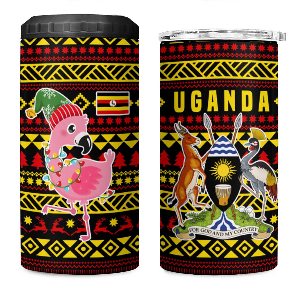 Uganda Christmas 4 in 1 Can Cooler Tumbler with Flamingo Lights Uganda Flag and Black Red Yellow Tribal Pattern Design - Wonder Print Shop