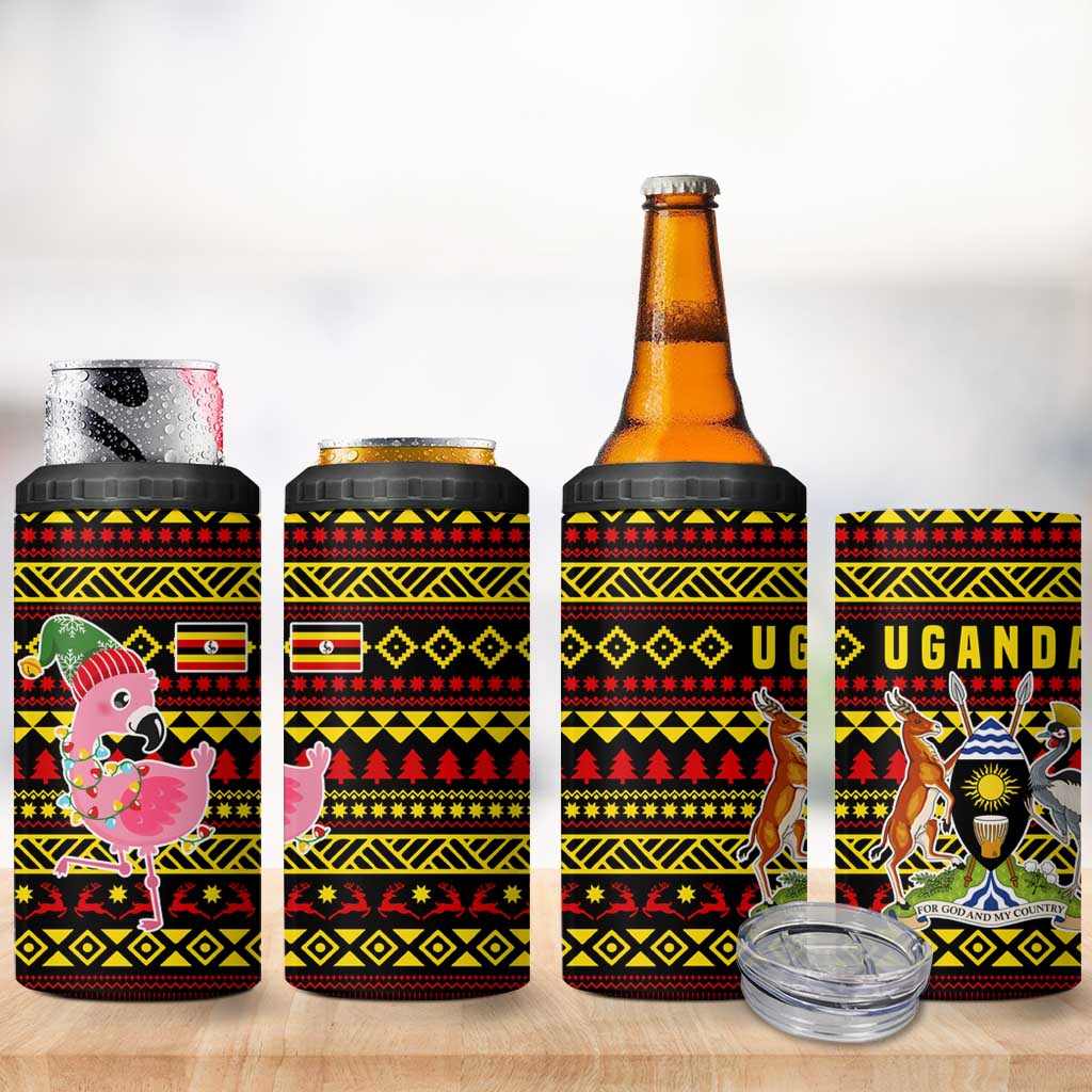 Uganda Christmas 4 in 1 Can Cooler Tumbler with Flamingo Lights Uganda Flag and Black Red Yellow Tribal Pattern Design - Wonder Print Shop