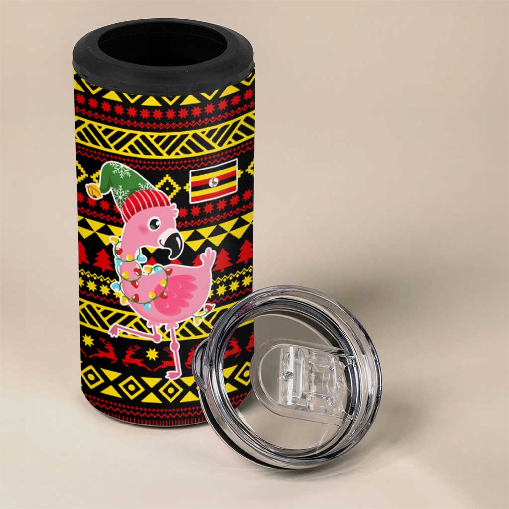 Uganda Christmas 4 in 1 Can Cooler Tumbler with Flamingo Lights Uganda Flag and Black Red Yellow Tribal Pattern Design - Wonder Print Shop