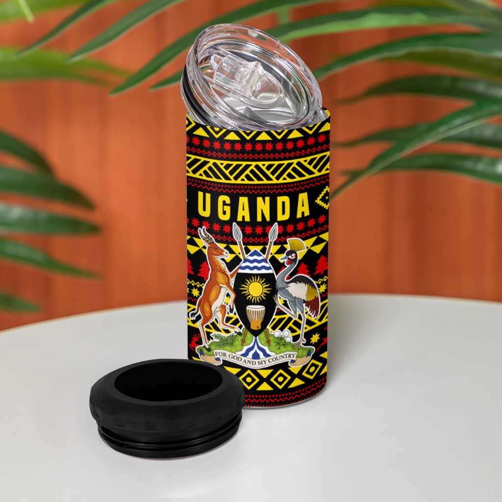 Uganda Christmas 4 in 1 Can Cooler Tumbler with Flamingo Lights Uganda Flag and Black Red Yellow Tribal Pattern Design - Wonder Print Shop