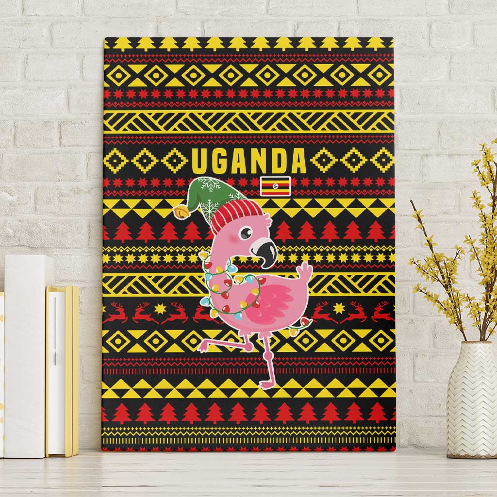 Uganda Christmas Canvas Wall Art with Flamingo Lights Uganda Flag and Black Red Yellow Tribal Pattern Design - Wonder Print Shop