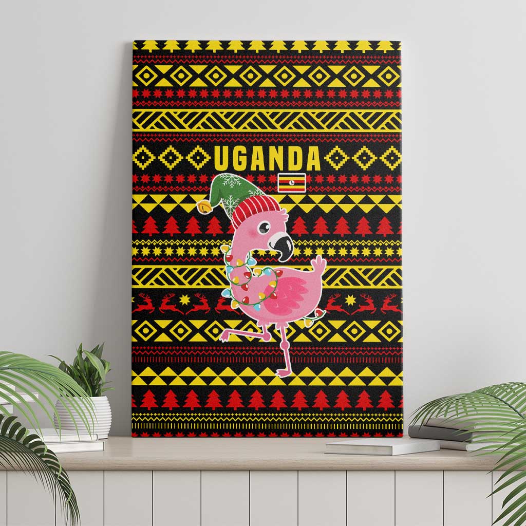 Uganda Christmas Canvas Wall Art with Flamingo Lights Uganda Flag and Black Red Yellow Tribal Pattern Design - Wonder Print Shop