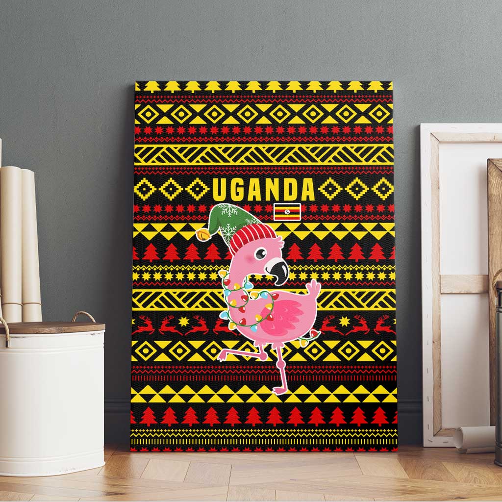 Uganda Christmas Canvas Wall Art with Flamingo Lights Uganda Flag and Black Red Yellow Tribal Pattern Design - Wonder Print Shop