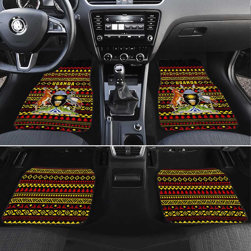 Uganda Christmas Car Mats with Flamingo Lights Uganda Flag and Black Red Yellow Tribal Pattern Design - Wonder Print Shop