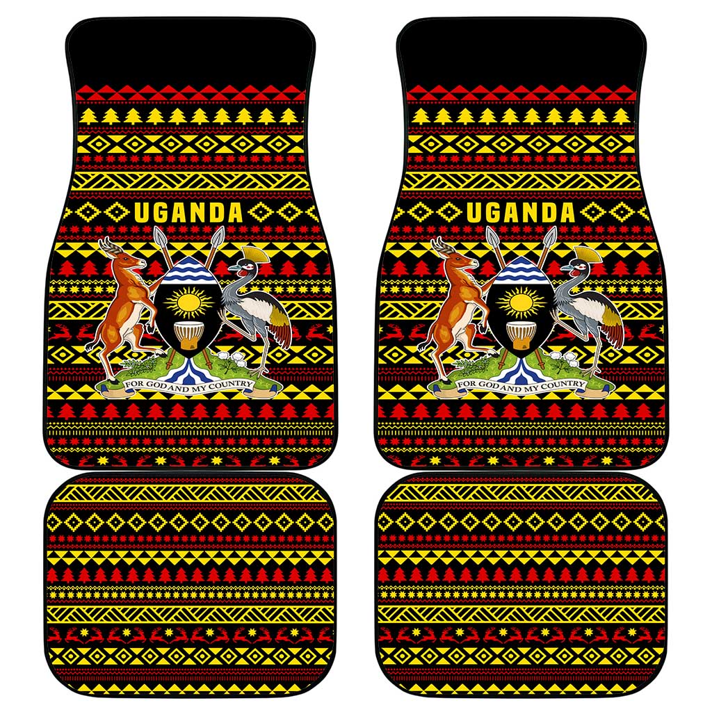 Uganda Christmas Car Mats with Flamingo Lights Uganda Flag and Black Red Yellow Tribal Pattern Design - Wonder Print Shop