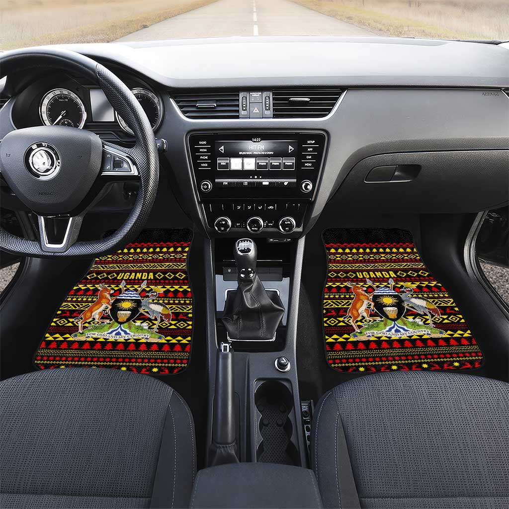 Uganda Christmas Car Mats with Flamingo Lights Uganda Flag and Black Red Yellow Tribal Pattern Design - Wonder Print Shop