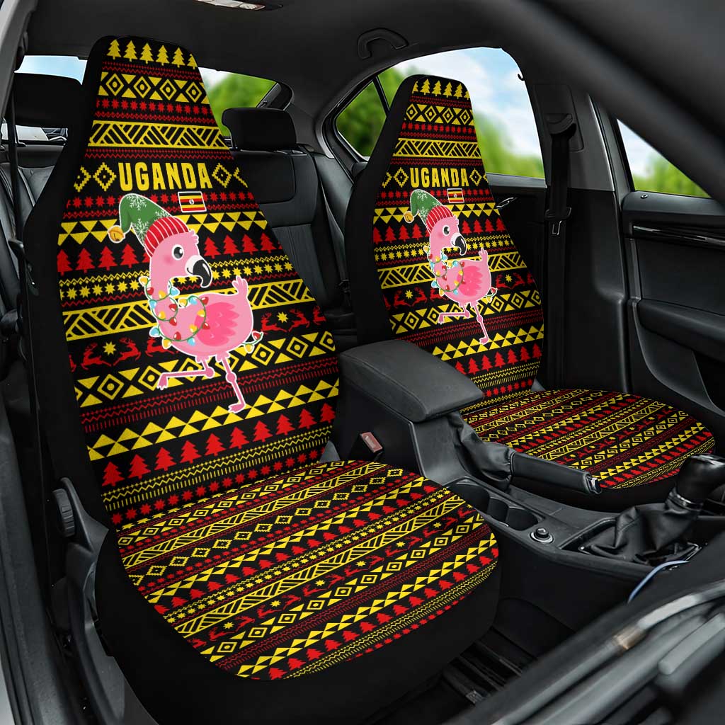 Uganda Christmas Car Seat Cover with Flamingo Lights Uganda Flag and Black Red Yellow Tribal Pattern Design - Wonder Print Shop