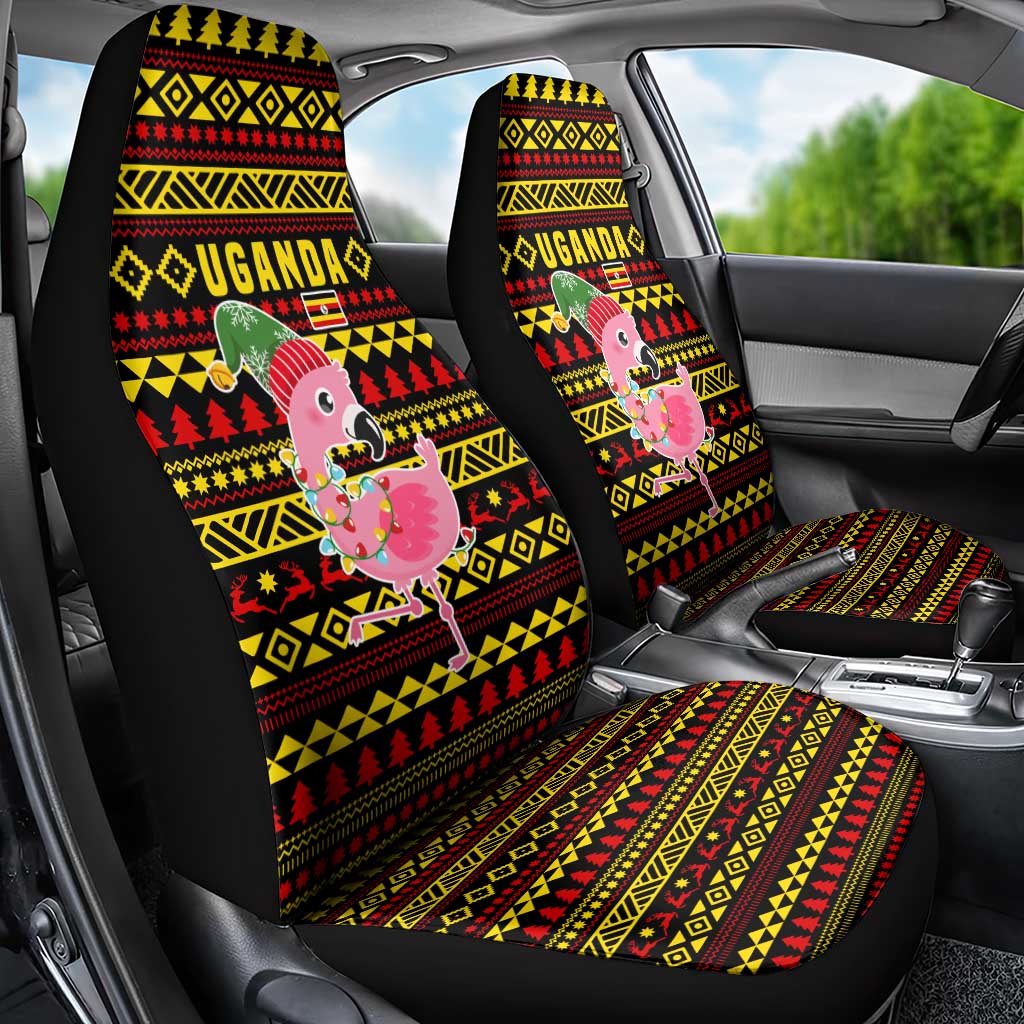 Uganda Christmas Car Seat Cover with Flamingo Lights Uganda Flag and Black Red Yellow Tribal Pattern Design - Wonder Print Shop