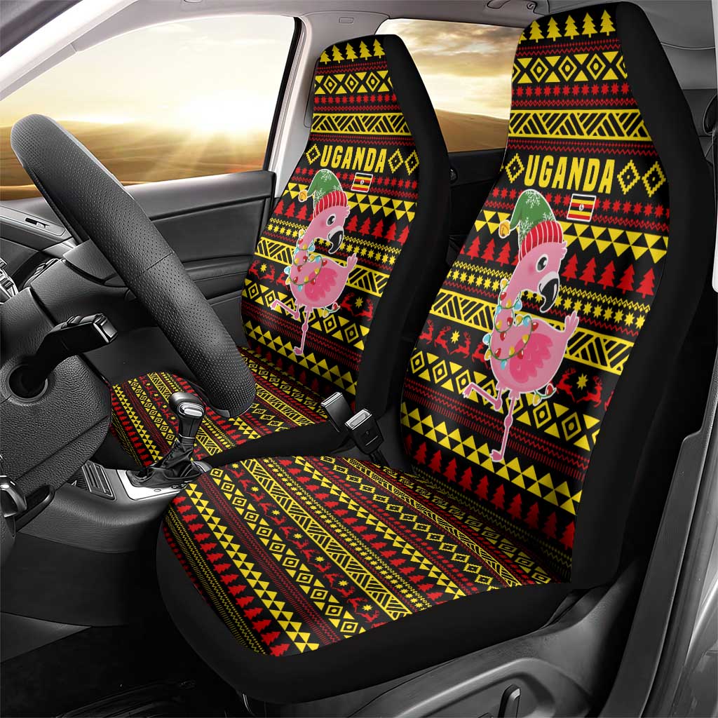 Uganda Christmas Car Seat Cover with Flamingo Lights Uganda Flag and Black Red Yellow Tribal Pattern Design - Wonder Print Shop
