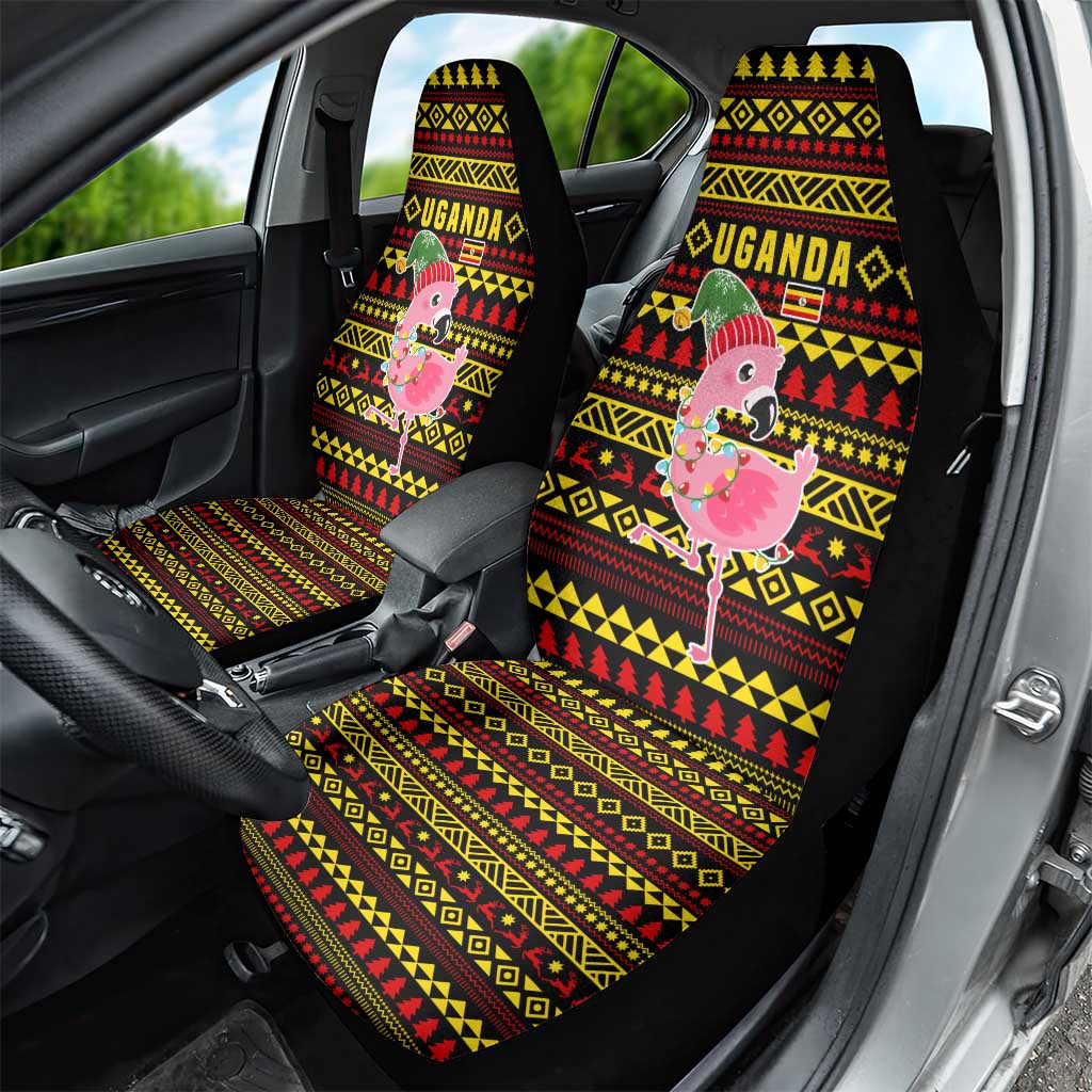 Uganda Christmas Car Seat Cover with Flamingo Lights Uganda Flag and Black Red Yellow Tribal Pattern Design - Wonder Print Shop