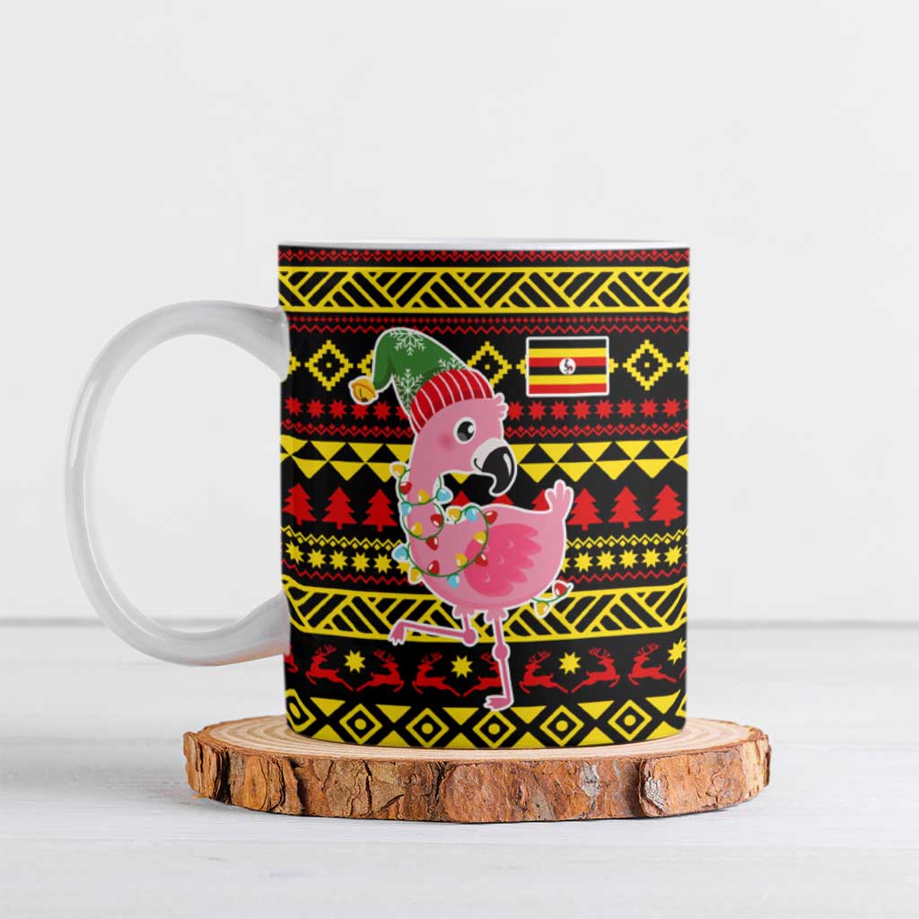 Uganda Christmas Ceramic Mug with Flamingo Lights Uganda Flag and Black Red Yellow Tribal Pattern Design - Wonder Print Shop