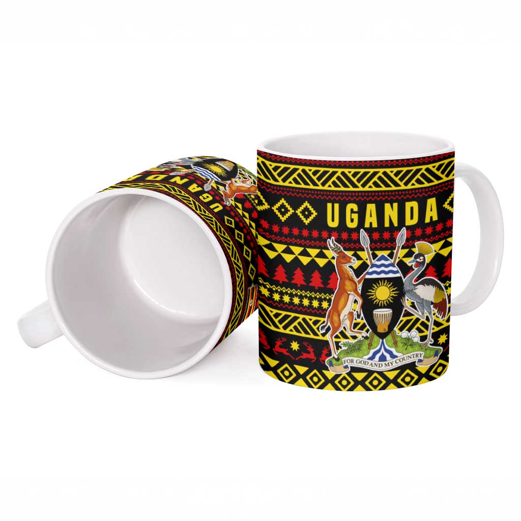 Uganda Christmas Ceramic Mug with Flamingo Lights Uganda Flag and Black Red Yellow Tribal Pattern Design - Wonder Print Shop