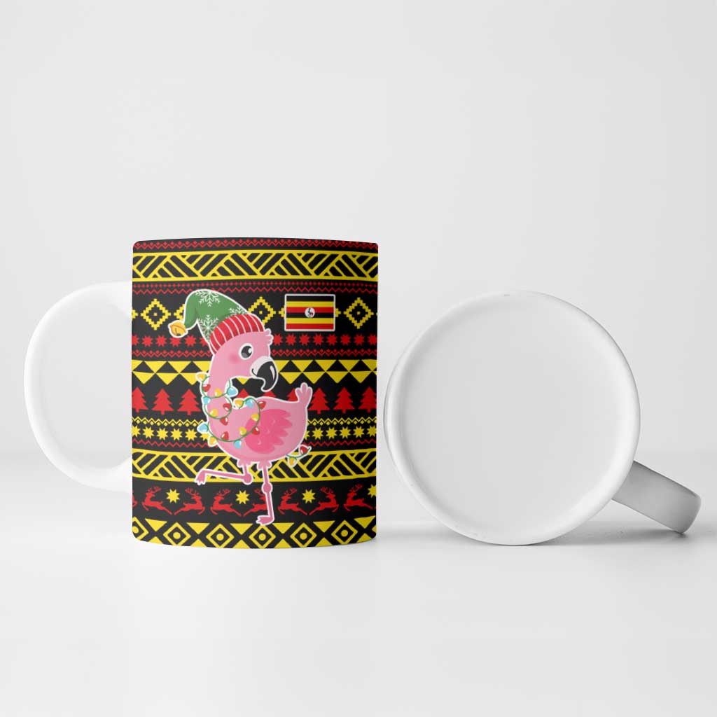 Uganda Christmas Ceramic Mug with Flamingo Lights Uganda Flag and Black Red Yellow Tribal Pattern Design - Wonder Print Shop