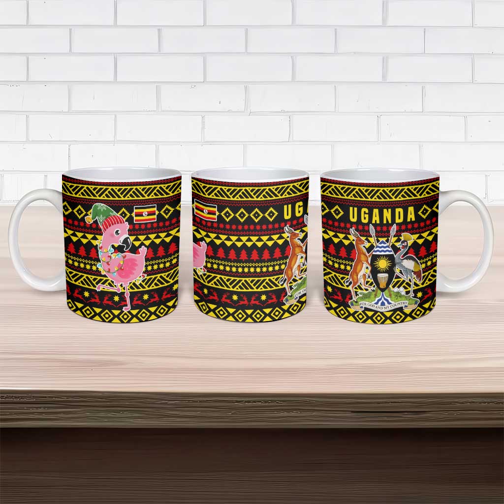 Uganda Christmas Ceramic Mug with Flamingo Lights Uganda Flag and Black Red Yellow Tribal Pattern Design - Wonder Print Shop