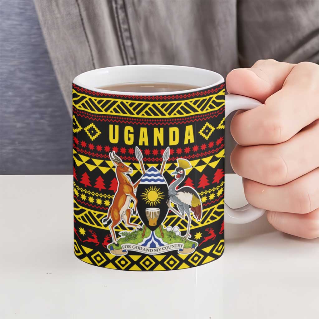 Uganda Christmas Ceramic Mug with Flamingo Lights Uganda Flag and Black Red Yellow Tribal Pattern Design - Wonder Print Shop
