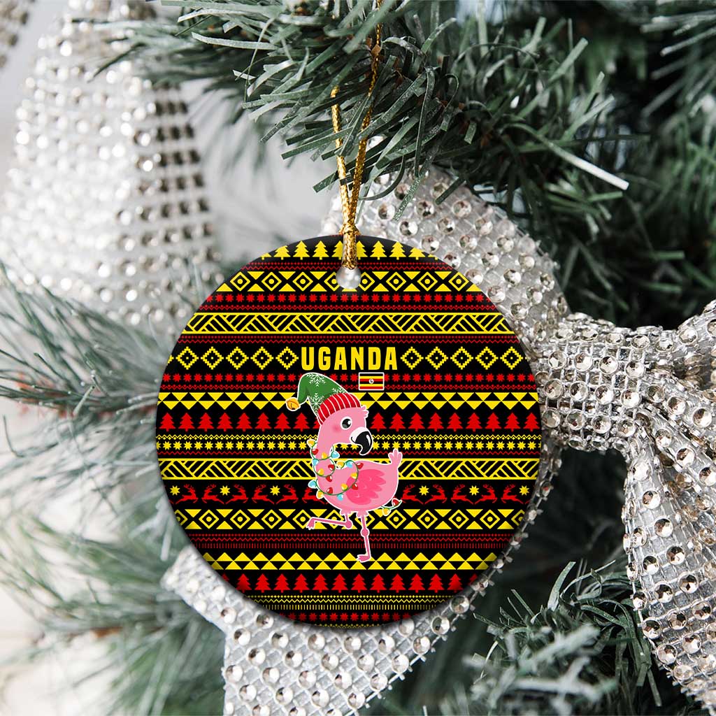 Uganda Christmas Ceramic Ornament with Flamingo Lights Uganda Flag and Black Red Yellow Tribal Pattern Design - Wonder Print Shop