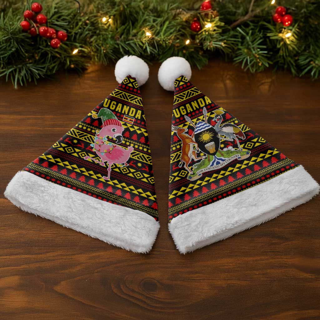 Uganda Christmas Santa Hat with Flamingo Lights Uganda Flag and Black Red Yellow Tribal Pattern Design - Wonder Print Shop