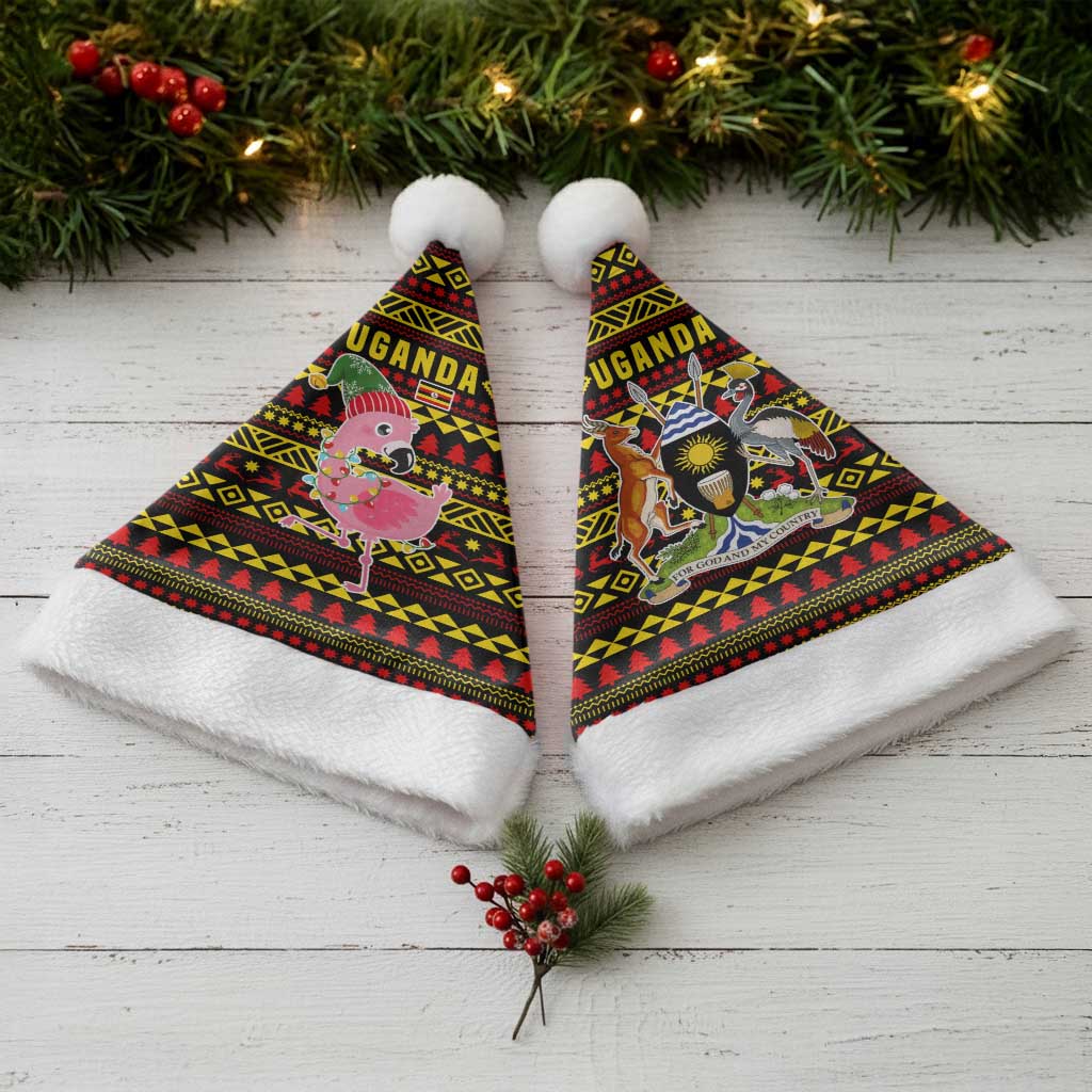Uganda Christmas Santa Hat with Flamingo Lights Uganda Flag and Black Red Yellow Tribal Pattern Design - Wonder Print Shop
