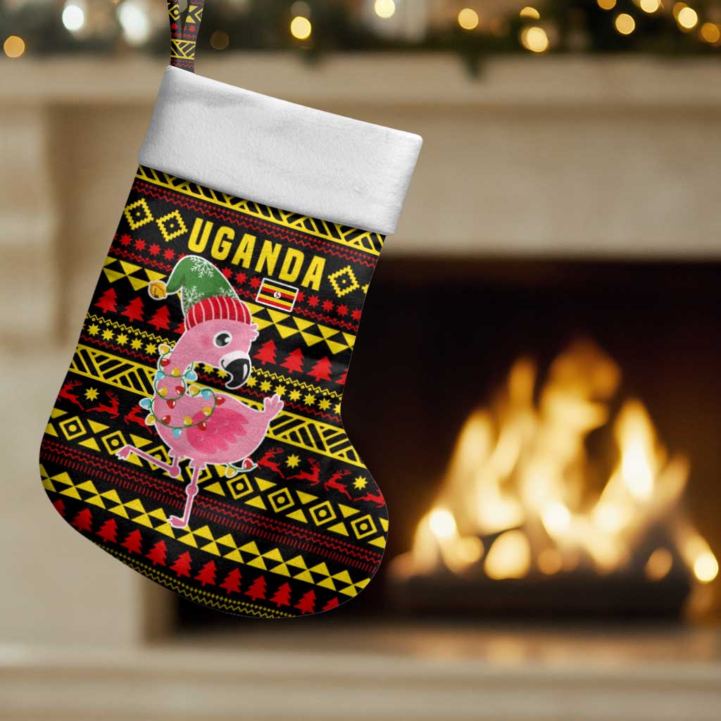 Uganda Christmas Stocking with Flamingo Lights Uganda Flag and Black Red Yellow Tribal Pattern Design - Wonder Print Shop
