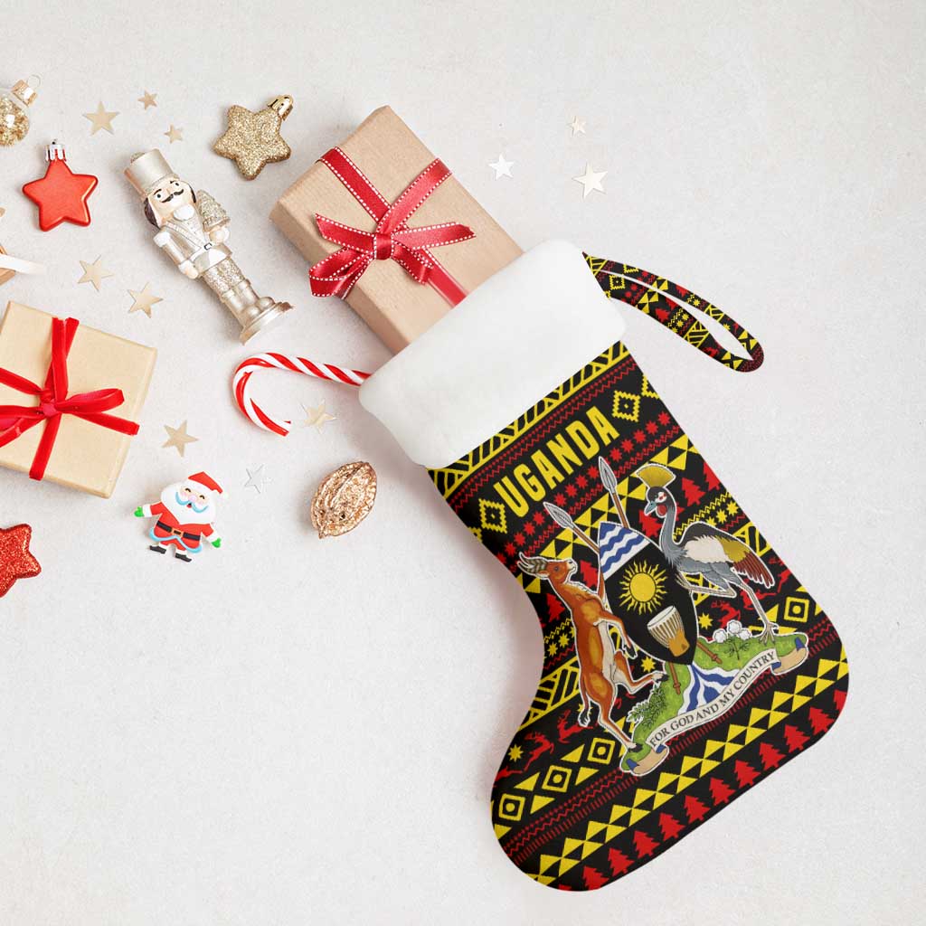 Uganda Christmas Stocking with Flamingo Lights Uganda Flag and Black Red Yellow Tribal Pattern Design - Wonder Print Shop