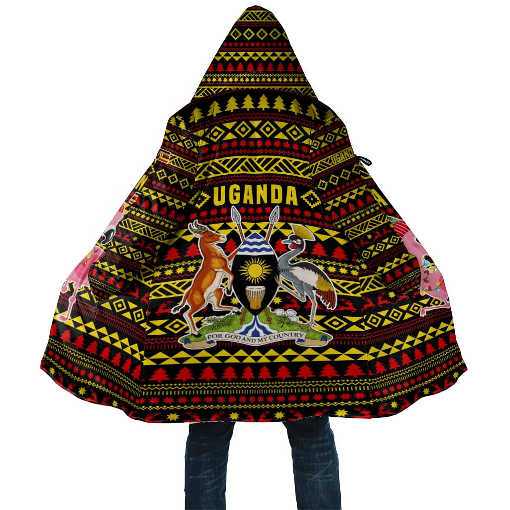 Uganda Christmas Cloak with Flamingo Lights Uganda Flag and Black Red Yellow Tribal Pattern Design - Wonder Print Shop
